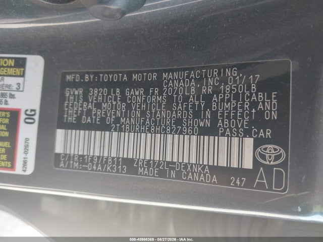 2017 Toyota Corolla Le მანქანა იყიდება აუქციონზე, vin: 2T1BURHE8HC827960, აუქციონის ნომერი: 45986369