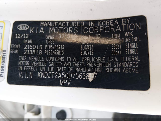 45986401 :رقم المزاد ، KNDJT2A50D7565847 vin ، 2013 Kia Soul مزاد بيع