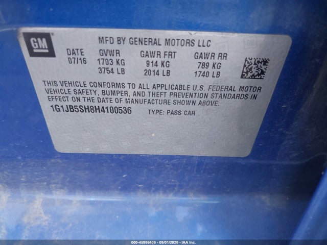 Продаж на аукціоні авто 2017 Chevrolet Sonic Ls Auto, vin: 1G1JB5SH8H4100536, номер лоту: 45986406