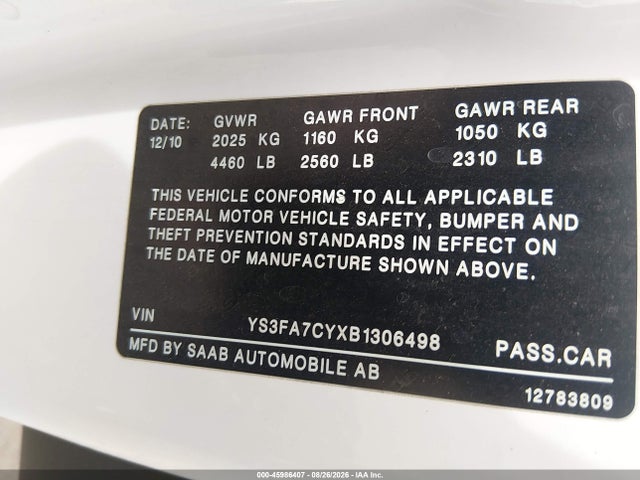 45986407 :رقم المزاد ، YS3FA7CYXB1306498 vin ، 2011 Saab 9-3 Turbo4 مزاد بيع
