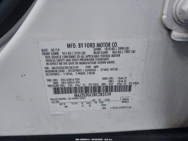 Продажа на аукционе авто 2019 Ford Ecosport Se, vin: MAJ3S2GE2KC283559, номер лота: 45986414