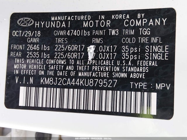 45986419 :رقم المزاد ، KM8J2CA44KU879527 vin ، 2019 Hyundai Tucson Se مزاد بيع