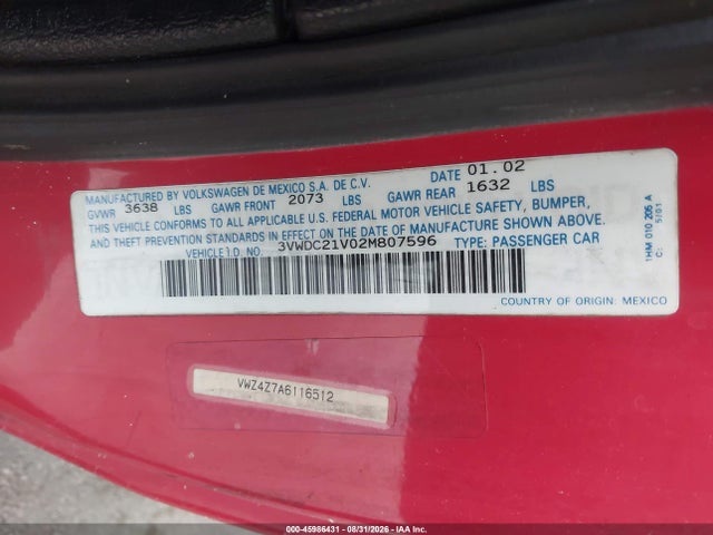Продажа на аукционе авто 2002 Volkswagen Cabrio Glx, vin: 3VWDC21V02M807596, номер лота: 45986431
