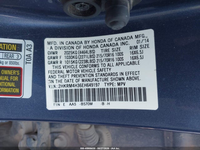 45986430 :رقم المزاد ، 2HKRM4H36EH649197 vin ، 2014 Honda Cr-v Lx مزاد بيع