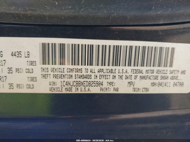 Aukcja sprzedaży 2014 Jeep Compass Sport, vin: 1C4NJCBBXED825904, numer aukcji: 45986434