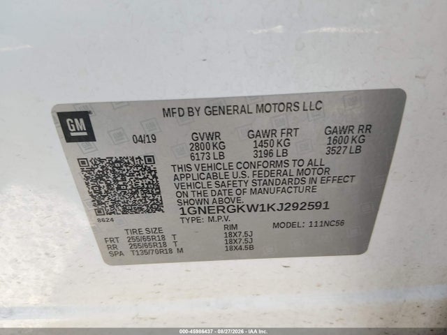 45986437 :رقم المزاد ، 1GNERGKW1KJ292591 vin ، 2019 Chevrolet Traverse 1lt مزاد بيع