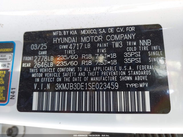 Aukcja sprzedaży 2025 Hyundai Tucson Sel, vin: 3KMJB3DE1SE023459, numer aukcji: 45986438