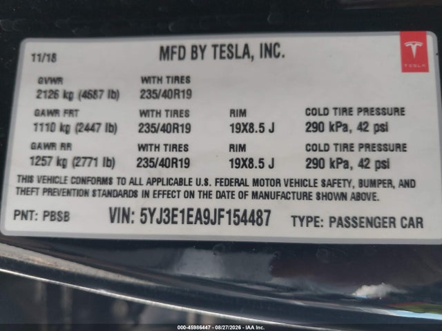 5YJ3E1EA9JF154487 Tesla Model 3 Long Range/mid Range