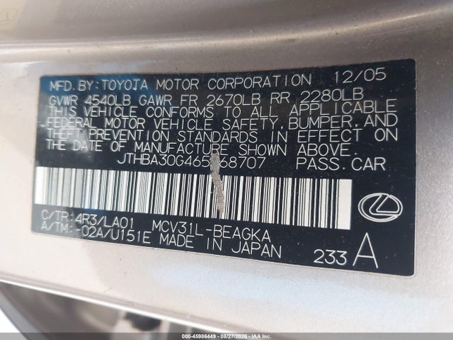 2006 Lexus Es 330 მანქანა იყიდება აუქციონზე, vin: JTHBA30G465168707, აუქციონის ნომერი: 45986449