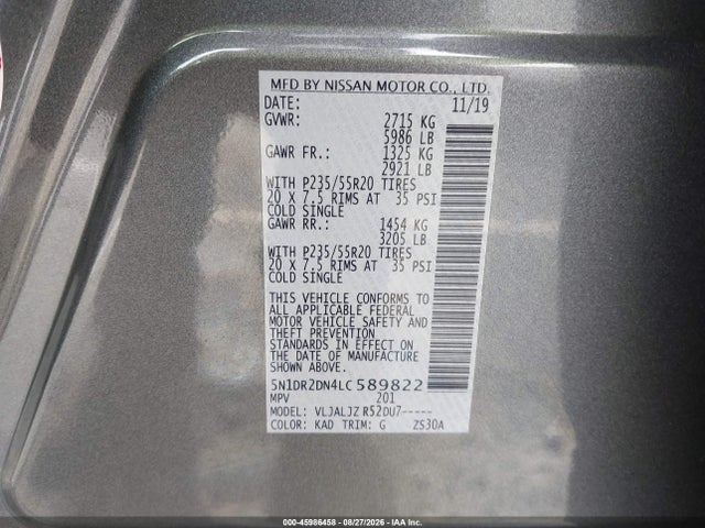Продажа на аукционе авто 2020 Nissan Pathfinder Platinum 2wd, vin: 5N1DR2DN4LC589822, номер лота: 45986458