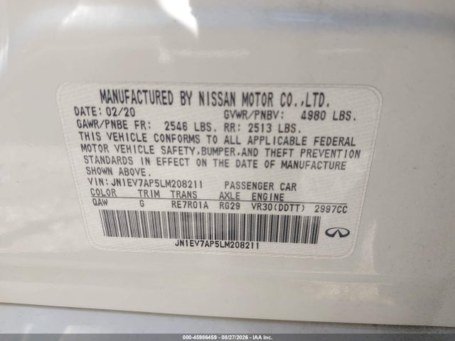 Продажа на аукционе авто 2020 Infiniti Q50 Luxe, vin: JN1EV7AP5LM208211, номер лота: 45986459