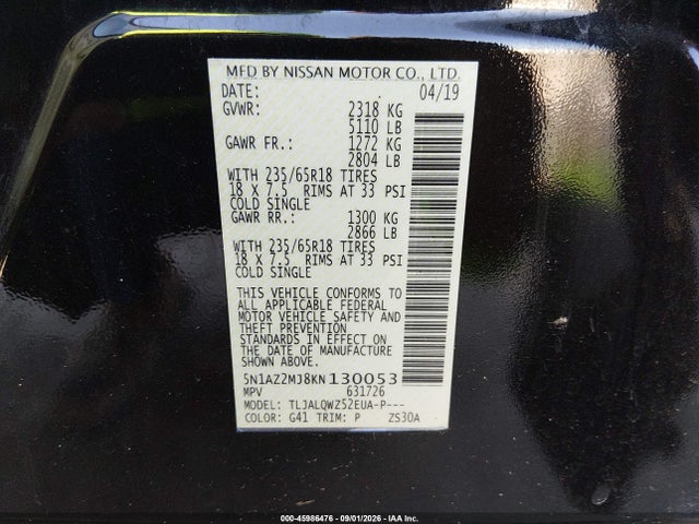 2019 Nissan Murano Sv მანქანა იყიდება აუქციონზე, vin: 5N1AZ2MJ8KN130053, აუქციონის ნომერი: 45986476