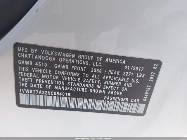Продаж на аукціоні авто 2017 Volkswagen Passat 1.8t Se, vin: 1VWBT7A32HC054019, номер лоту: 45986482