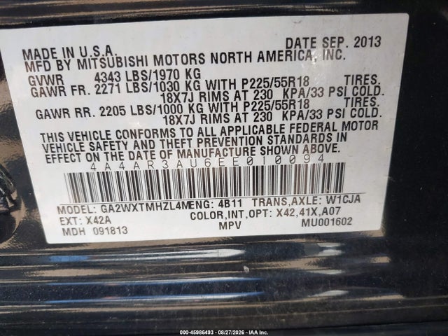 2014 Mitsubishi Outlander Sport Es მანქანა იყიდება აუქციონზე, vin: 4A4AR3AU6EE010094, აუქციონის ნომერი: 45986493