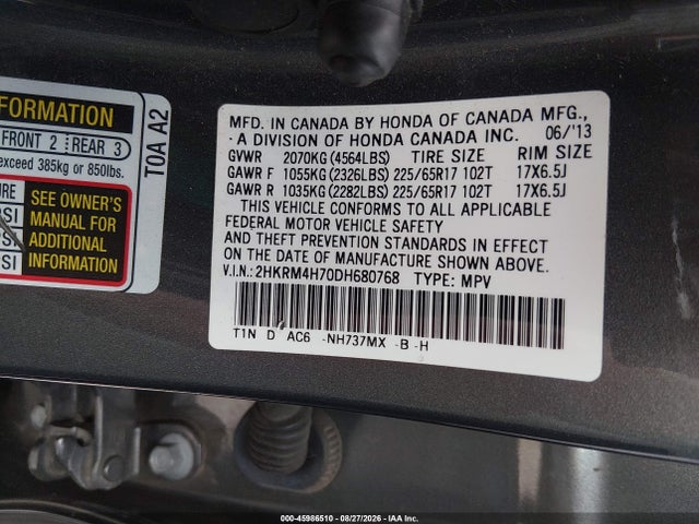 45986510 :رقم المزاد ، 2HKRM4H70DH680768 vin ، 2013 Honda Cr-v Ex-l مزاد بيع