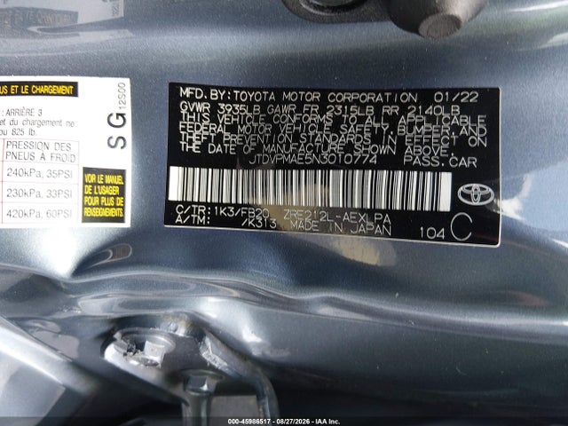 Продаж на аукціоні авто 2022 Toyota Corolla Le, vin: JTDVPMAE5N3010774, номер лоту: 45986517