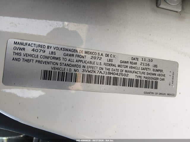 2011 Volkswagen Jetta 2.0l S მანქანა იყიდება აუქციონზე, vin: 3VW2K7AJ1BM042502, აუქციონის ნომერი: 45986526