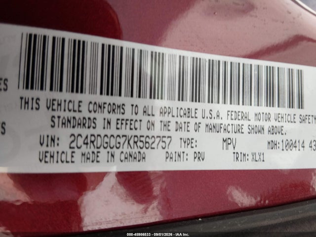 45986533 :رقم المزاد ، 2C4RDGCG7KR562757 vin ، 2019 Dodge Grand Caravan Sxt مزاد بيع