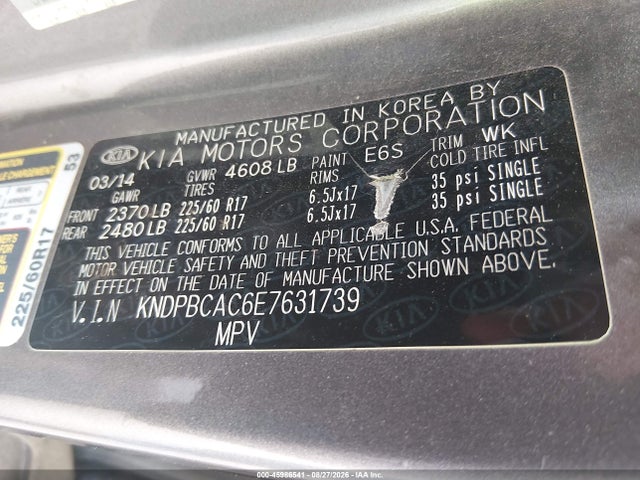 45986541 :رقم المزاد ، KNDPBCAC6E7631739 vin ، 2014 Kia Sportage Lx مزاد بيع