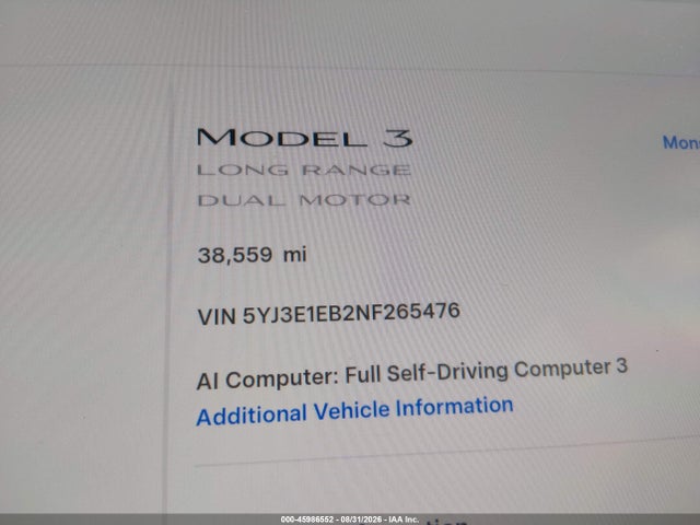 Aukcja sprzedaży 2022 Tesla Model 3 Long Range Dual Motor All-wheel Drive, vin: 5YJ3E1EB2NF265476, numer aukcji: 45986552