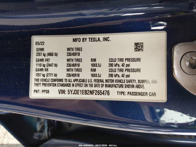 Aukcja sprzedaży 2022 Tesla Model 3 Long Range Dual Motor All-wheel Drive, vin: 5YJ3E1EB2NF265476, numer aukcji: 45986552