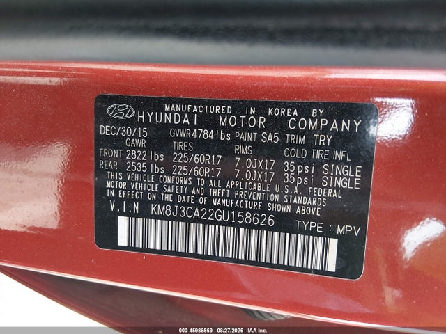 45986569 :رقم المزاد ، KM8J3CA22GU158626 vin ، 2016 Hyundai Tucson Eco مزاد بيع