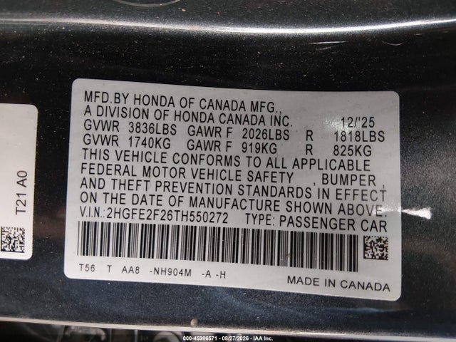 45986571 :رقم المزاد ، 2HGFE2F26TH550272 vin ، 2026 Honda Civic Lx مزاد بيع