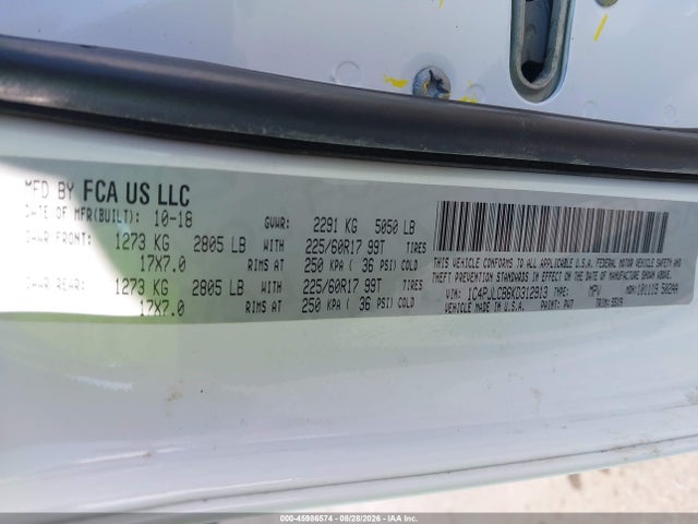 45986574 :رقم المزاد ، 1C4PJLCB6KD312913 vin ، 2019 Jeep Cherokee Latitude Fwd مزاد بيع