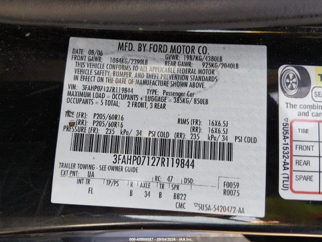 45986587 :رقم المزاد ، 3FAHP07127R119844 vin ، 2007 Ford Fusion Se مزاد بيع