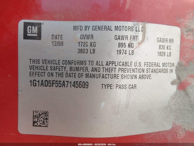 2010 Chevrolet Cobalt Lt მანქანა იყიდება აუქციონზე, vin: 1G1AD5F55A7145609, აუქციონის ნომერი: 45986600