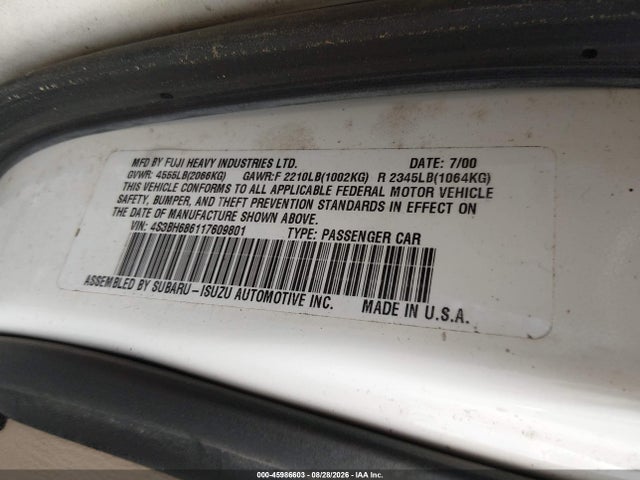 2001 Subaru Outback Limited მანქანა იყიდება აუქციონზე, vin: 4S3BH686117609801, აუქციონის ნომერი: 45986603