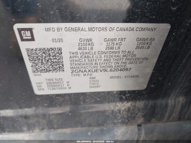 Продажа на аукционе авто 2020 Chevrolet Equinox Awd Lt 1.5l Turbo, vin: 2GNAXUEV9L6204097, номер лота: 45986604