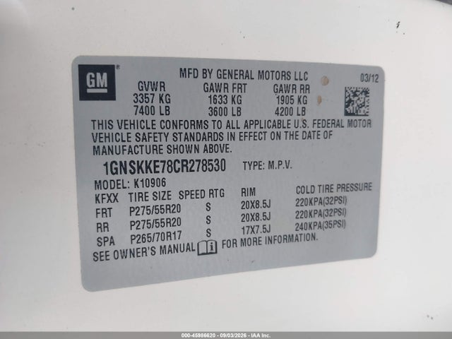 Aukcja sprzedaży 2012 Chevrolet Suburban 1500 Ltz, vin: 1GNSKKE78CR278530, numer aukcji: 45986620