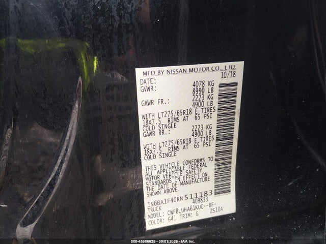 Продаж на аукціоні авто 2019 Nissan Titan Xd Pro-4x Diesel, vin: 1N6BA1F40KN511183, номер лоту: 45986625