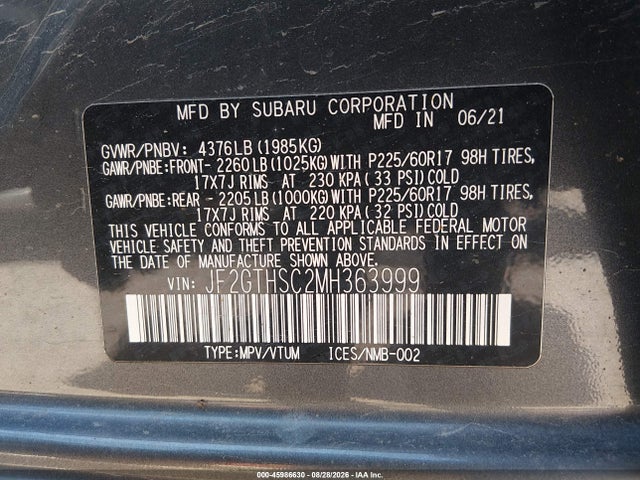 Продаж на аукціоні авто 2021 Subaru Crosstrek Sport, vin: JF2GTHSC2MH363999, номер лоту: 45986630