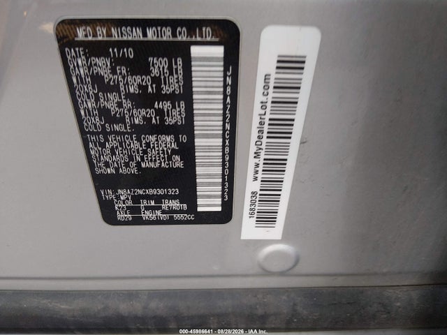 2011 Infiniti Qx56 მანქანა იყიდება აუქციონზე, vin: JN8AZ2NCXB9301323, აუქციონის ნომერი: 45986641