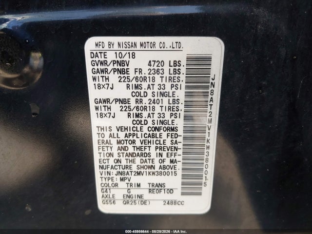 Продаж на аукціоні авто 2019 Nissan Rogue Sv, vin: JN8AT2MV1KW380015, номер лоту: 45986644