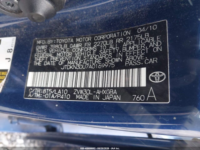 Aukcja sprzedaży 2010 Toyota Prius Iv, vin: JTDKN3DU7A0169975, numer aukcji: 45986662