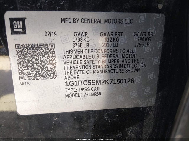 Aukcja sprzedaży 2019 Chevrolet Cruze Ls, vin: 1G1BC5SM2K7150126, numer aukcji: 45986671