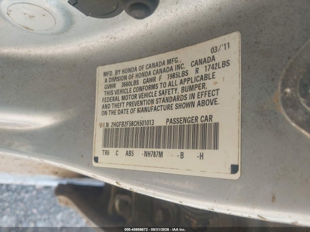 Продаж на аукціоні авто 2012 Honda Civic Lx, vin: 2HGFB2F58CH501013, номер лоту: 45986672