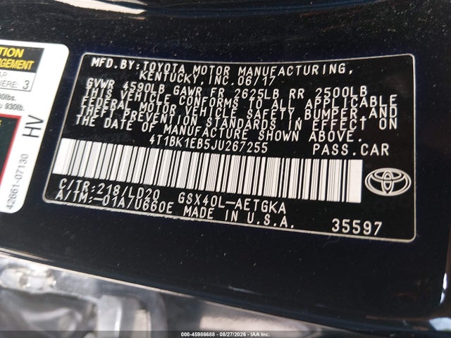 Продажа на аукционе авто 2018 Toyota Avalon Xle, vin: 4T1BK1EB5JU267255, номер лота: 45986688