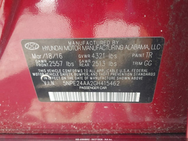 Продажа на аукционе авто 2016 Hyundai Sonata Eco, vin: 5NPE24AA2GH415462, номер лота: 45986692