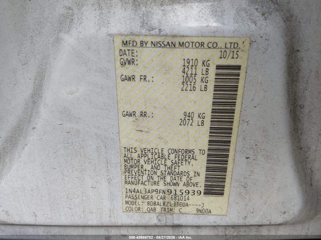 Продаж на аукціоні авто 2015 Nissan Altima 2.5 Sl, vin: 1N4AL3AP9FN915939, номер лоту: 45986702