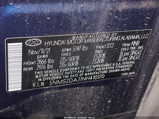 Продажа на аукционе авто 2022 Hyundai Santa Fe Sel, vin: 5NMS2DAJ1NH410170, номер лота: 45986703