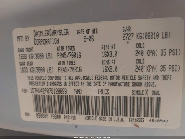 Продаж на аукціоні авто 2007 Dodge Dakota Slt, vin: 1D7HW42P07S128889, номер лоту: 45986721