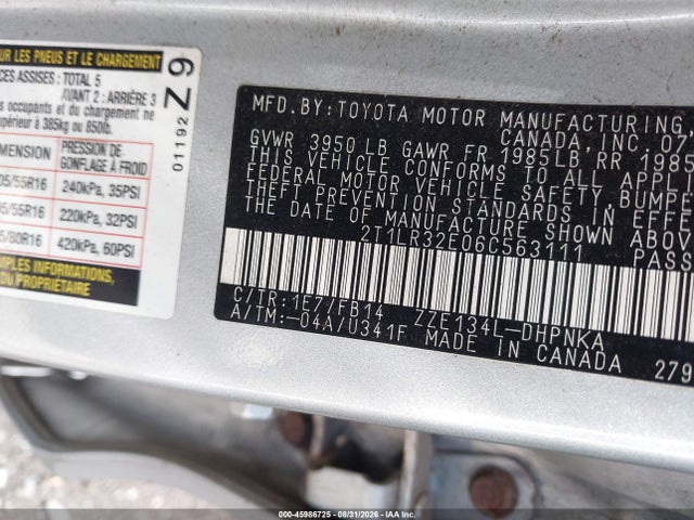 2006 Toyota Matrix Xr მანქანა იყიდება აუქციონზე, vin: 2T1LR32E06C563111, აუქციონის ნომერი: 45986725