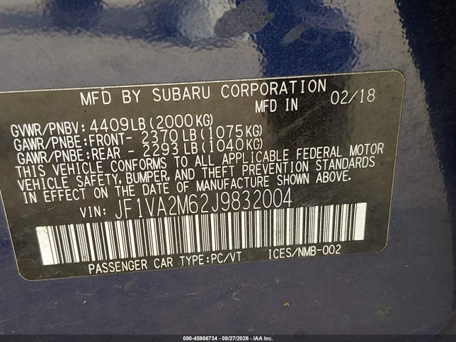 Subaru Wrx Sti 2018 JF1VA2M62J9832004 Image 9