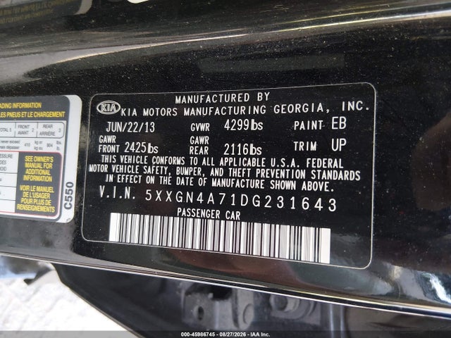 Продажа на аукционе авто 2013 Kia Optima Ex, vin: 5XXGN4A71DG231643, номер лота: 45986745