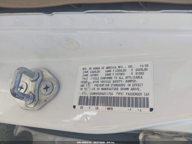 Продаж на аукціоні авто 2006 Honda Accord 3.0 Ex, vin: 1HGCM66526A011724, номер лоту: 45986763