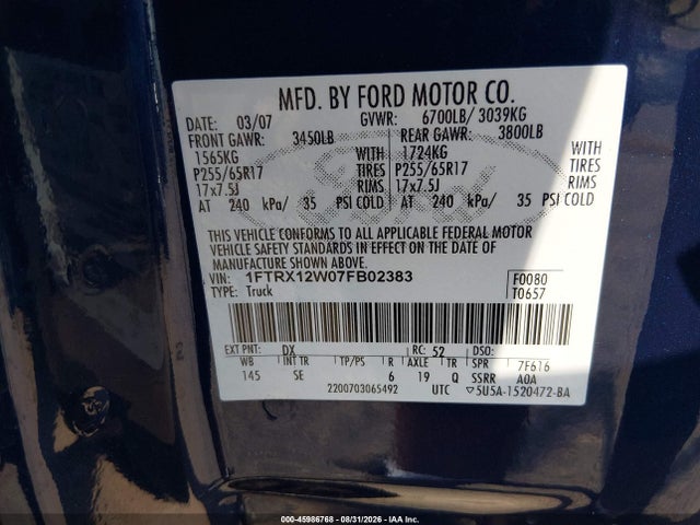 Продаж на аукціоні авто 2007 Ford F-150 Stx/xl/xlt, vin: 1FTRX12W07FB02383, номер лоту: 45986768